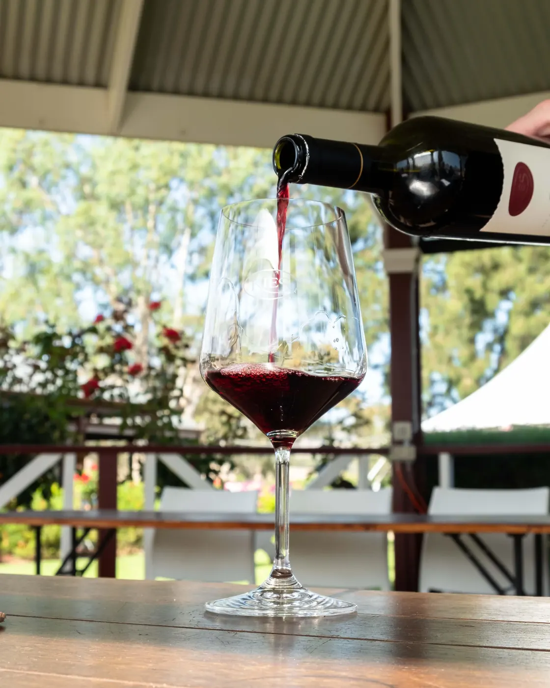 Barossa red wine being poured into a tasting glass on a sunlit winery terrace