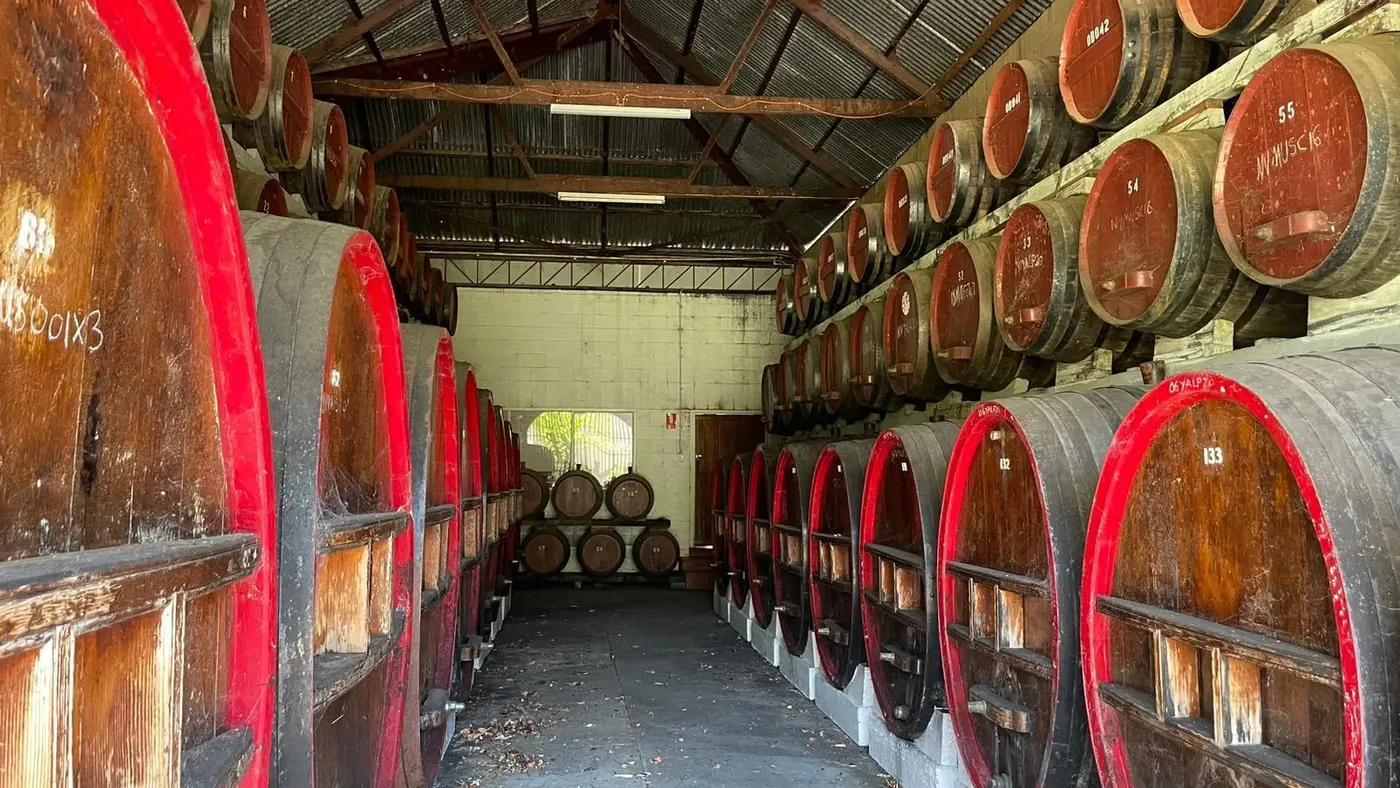 Row of red-hooped oak vats lining the aisle of a historic Barossa barrel hall