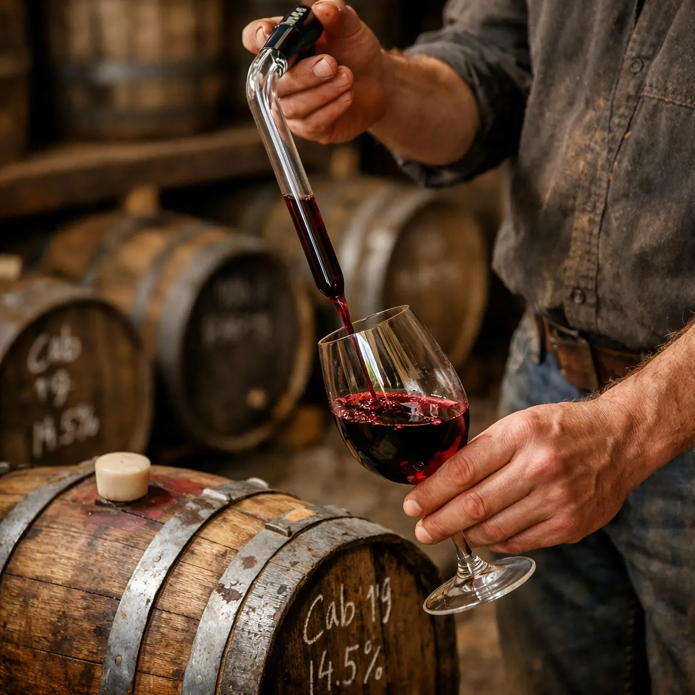 Winemaker drawing red wine from a barrel with a pipette straight into a tasting glass