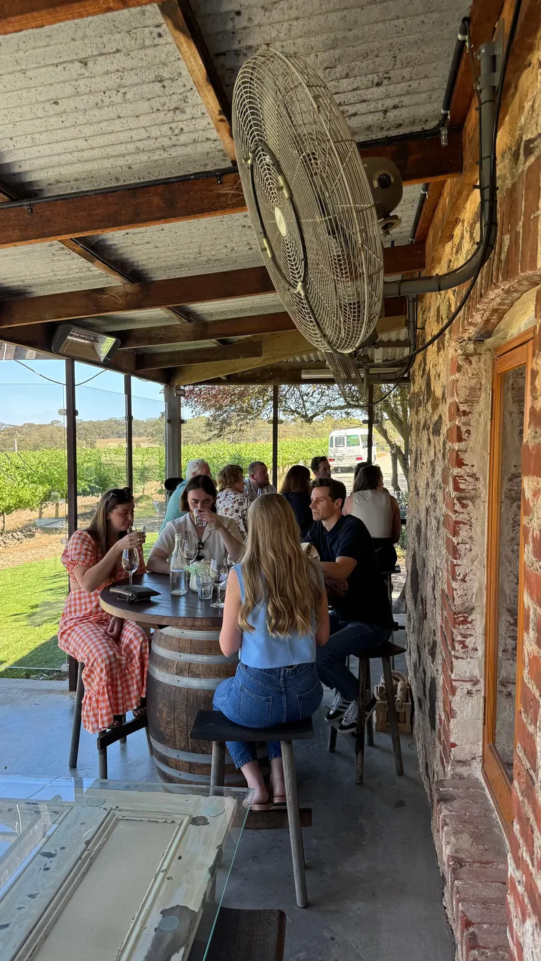 Tasting party gathered at barrel tables on a stone verandah looking out over the vines