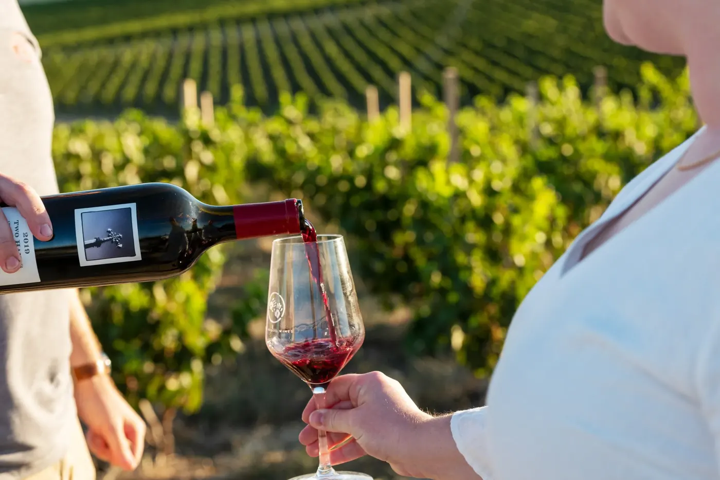A bottle of Barossa red being poured into a glass at the edge of a vineyard